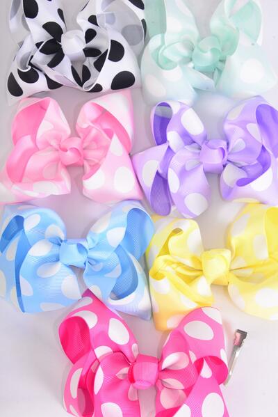 Hair Bow Jumbo Pastel Jumbo Polka dots Mix Grosgrain Bow-tie / 12 pcs Bow = Dozen   Alligator Clip , Size - 6" x 5" Wide , 2 White , 2 Pink , 2 Yellow , 2 Lavender , 2 Blue , 1 Hot Pink , 1 Mint Green Color Mix , Clip Strip & UPC Code