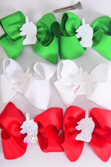 Hair Bow 24 pcs XMAS Center Unicorn Charm Grosgrain Bow-tie / 24 pcs Bow = Dozen  Christmas , Alligator Clip , Size - 3.5" x 3",  4 Red , 4 White , 4 Green Color Asst , Clip Strip & UPC Code