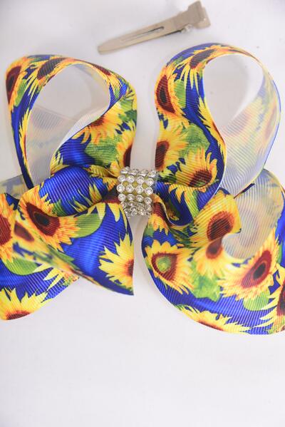 Hair Bow Jumbo Sunflower Grosgrain Bow-tie / 12 pcs Bow = Dozen Alligator Clip , Size - 6" x 5" Wide , Clip Strip & UPC Code