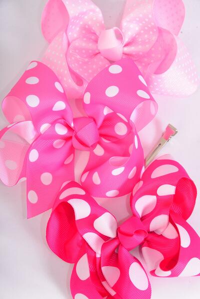 Hair Bow Jumbo Polka Dots Grosgrain Bow-tie Pink Mix / 12 pcs Bow = Dozen  Pink Mix , Alligator Clip , Size - 6" x 5" Wide , 4 of each Pattern Asst , Clip Strip & UPC Code