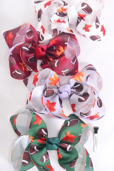 Hair Bow Jumbo Football Pattern Mix Grosgrain Bow-tie / 12 pcs Bow = Dozen Football , Alligator Clip , Bow - 6" x 5" Wide , 3 of each Pattern Asst , Clip Strip & UPC Code