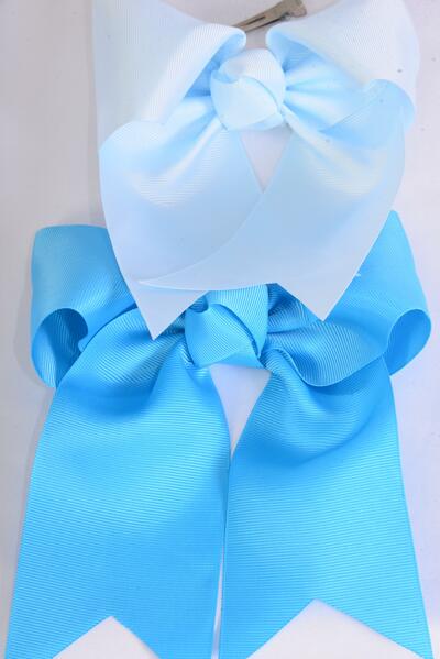 Hair Bow Extra Jumbo Long Tail Cheer Type Bow Blue Mix Grosgrain Bow-tie / 12 pcs Bow = Dozen Alligator Clip , Size-6.5" x 6" Wide , 6 Turquoise , 6 Light Blue Color Asst , Clip Strip & UPC Code