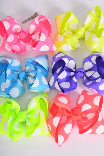 Hair Bow Jumbo Caribbean Neon Polka dots Grosgrain Bow-tie / 12 pcs Bow = Dozen Caribbean Neon , Alligator Clip , Size - 6" x 5" Wide , 2 of each Pattern Mix , Clip Strip & UPC Code