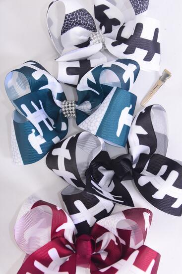 Hair Bow Jumbo Football Grosgrain Bow-tie / 12 pcs Bow = Dozen  Football , Alligator Clip , Bow Size - 6" x 5" Wide , 3 Of Each Pattern Asst , Clip Strip & UPC Code