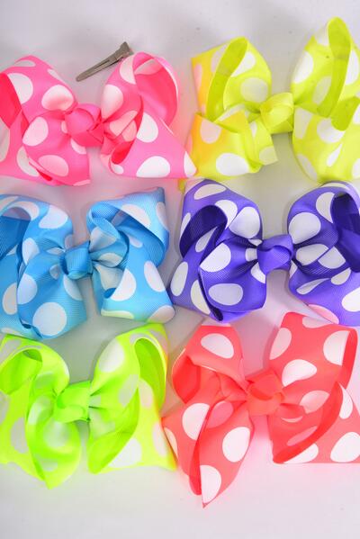 Hair Bow Jumbo Caribbean Neon Polka dots Grosgrain Bow-tie / 12 pcs Bow = Dozen Caribbean Neon , Alligator Clip , Size - 6" x 5" Wide , 2 of each Pattern Mix , Clip Strip & UPC Code