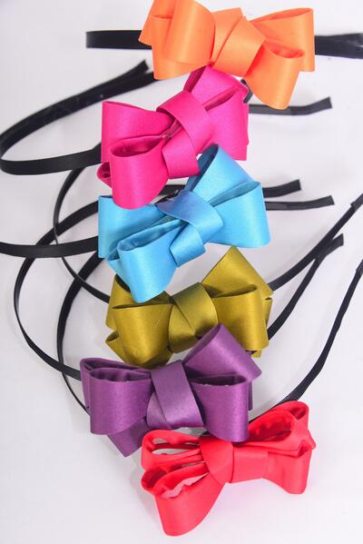 Headband Horseshoe Metal Satin Bow-tie Multi / 12 pcs = Dozen Bow-tie Size - 3" x 2.5 ", 2 Olive , 2 Red , 2 Turquoise , 2 Fuchsia , 2 Orange , 2 Purple Color Asst , Hang Tag & UPC Code , W Clear Box