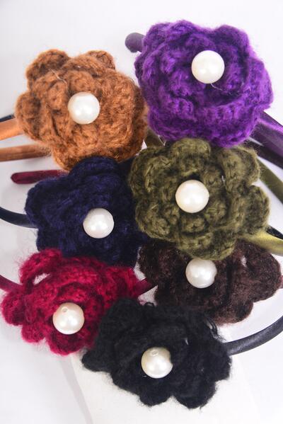 Headband Horseshoe Iceland Wool  Crochet Flower Dark Multi / 12 pcs = Dozen Flower Size - 3.5" Wide , 2 Black , 2 Navy , 2 Brown , 2 Burgundy , 2 Purple , 1 Camel ,1 Olive Color Asst , Hang tag & UPC Code ,W Clear Box