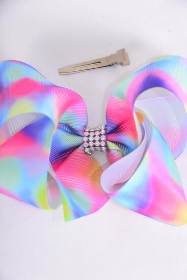 Hair Bow Jumbo Tiedye Gradient Pastel Grosgrain Bow-tie / 12 pcs Bow = Dozen Alligator Clip , Size - 6" x 5" Wide , Clip Strip & UPC Code
