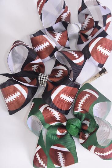 Hair Bow Jumbo Football Grosgrain Bow-tie / 12 pcs Bow = Dozen   Football , Alligator Clip , Bow Size - 6" x 5" Wide , 4 Of Each Pattern Asst , Clip Strip & UPC Code