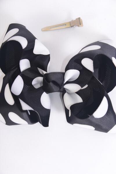 Hair Bow Jumbo Polka dot Black Grosgrain Bow-tie / 12 pcs Bow = Dozen Alligator Clip , Size - 6" x 5" Wide , Clip Strip & UPC Code