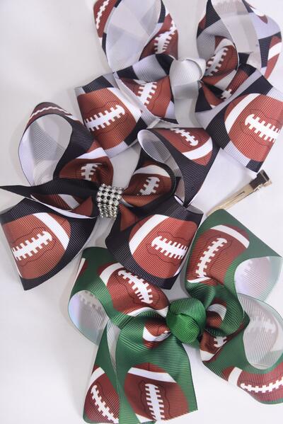 Hair Bow Jumbo Football Grosgrain Bow-tie / 12 pcs Bow = Dozen   Football , Alligator Clip , Bow Size - 6" x 5" Wide , 4 Of Each Pattern Asst , Clip Strip & UPC Code