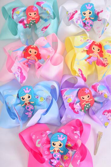 Hair Bow Jumbo Double Layered Mermaid Charm Pastel Grosgrain Bow-tie / 12 pcs Bow = Dozen Alligator Clip , Size - 6" x 6" Wide , 2 White, 2 Pink, 1 Blue, 1 Yellow, 2 Lavender, 2 Hot Pink, 2 Mint Green Color Asst , Clip Strip & UPC Code