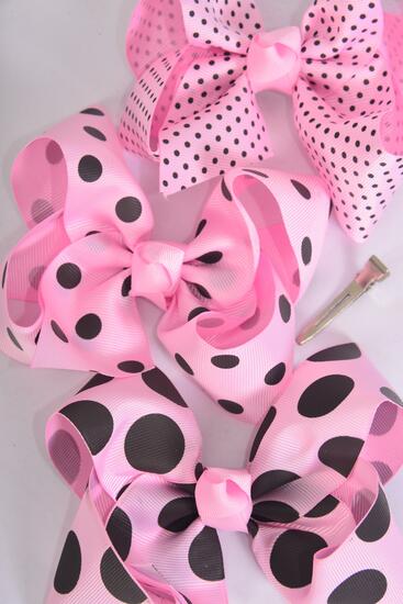 Hair Bow Jumbo Polka dots Grosgrain Bow-tie Baby Pink Mix / 12 pcs Bow = Dozen  Alligator Clip , Size - 6  x 5" Wide , 4 of each Pattern Asst , Clip Strip & UPC Code