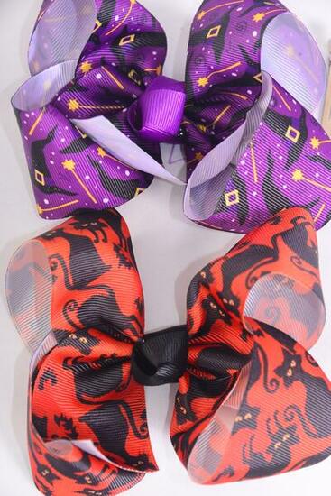 Hair Bow Jumbo Happy Halloween Cat Which Hat Ghost Mix Grosgrain Bow-tie / 12 pcs Bow = Dozen Alligator Clip , Size-6"x 5" Wide , 6 Of each Pattern Mix , Clip Strip & UPC Code