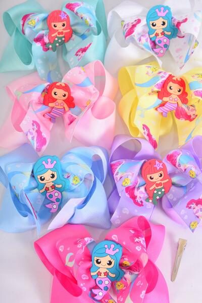 Hair Bow Jumbo Double Layered Mermaid Charm Pastel Grosgrain Bow-tie / 12 pcs Bow = Dozen Alligator Clip , Size - 6" x 6" Wide , 2 White, 2 Pink, 1 Blue, 1 Yellow, 2 Lavender, 2 Hot Pink, 2 Mint Green Color Asst , Clip Strip & UPC Code