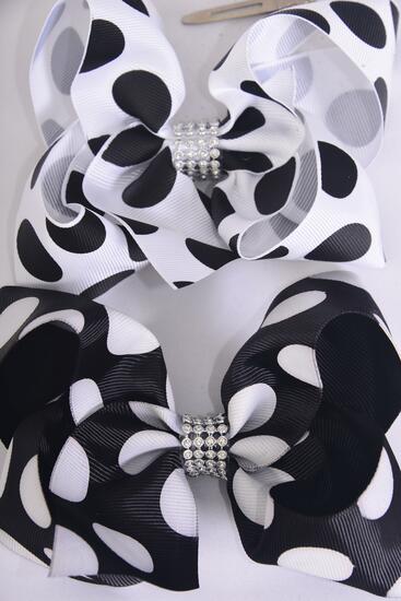 Hair Bow Jumbo Polka dot Black White Mix Grosgrain Bow-tie / 12 pcs Bow = Dozen Alligator Clip , Size - 6" x 5" Wide , 6 of each Pattern Asst , Clip Strip & UPC Code