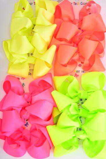 Hair Bows Large 36 pcs Grosgrain Bow-tie Neon / 12 card = Dozen Neon , Alligator Clip , Bow Size - 4" x 3" Wide , 3 of each Pattern Asst , 3 pcs per card , 12 Card = Dozen