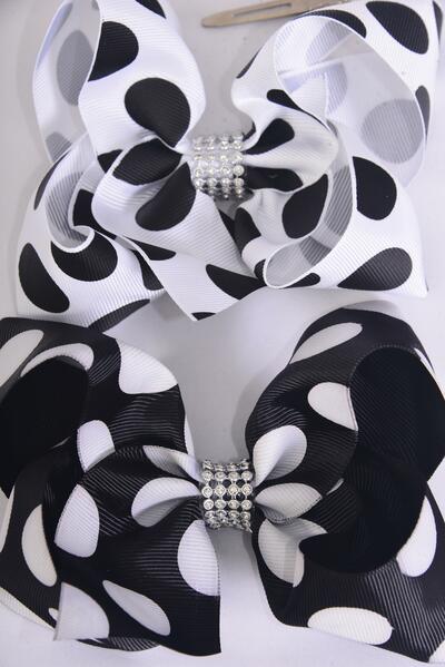 Hair Bow Jumbo Polka dot Black White Mix Grosgrain Bow-tie / 12 pcs Bow = Dozen Alligator Clip , Size - 6" x 5" Wide , 6 of each Pattern Asst , Clip Strip & UPC Code