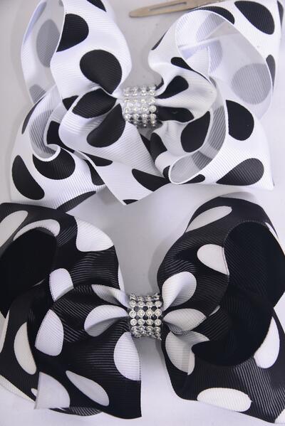 Hair Bow Jumbo Polka dot Black & White Mix Grosgrain Bow-tie / 12 pcs Bow = Dozen Alligator Clip , Size - 6" x 5" Wide , 6 of each Pattern Asst , Clip Strip & UPC Code