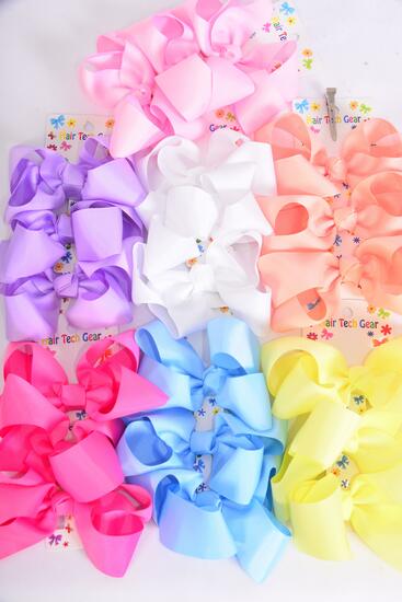 Hair Bows Large 36 pcs Grosgrain Bow-tie Pastel / 12 card = Dozen Alligator Clip , Bow Size - 4" x 3" Wide , 2 White , 2 Yellow , 2 Blue , 2 Pink , 2 Lavender , 1 Hot Pink ,1 Mint Color Asst . 