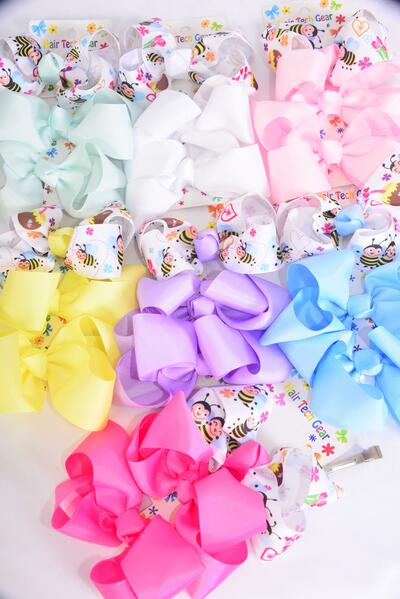 Hair Bows Large 36 Honey Bee Grosgrain Bow-tie Pastel / 12 card = Dozen  Alligator Clip , Bow Size - 5" x 4" Wide , 2 White , 2 baby Pink , 2 Hot Pink , 2 Lavender , 2 Mint , 1 Yellow , 1 Blue Mix