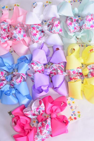 Hair Bows Large 36 pcs Flamingo Grosgrain Bow-tie Pastel / 12 card = Dozen Alligator Clip , Size - 4" x 3" Wide , 2 White , 2 Baby Pink , 2 Hot Pink , 2 Lavender , 2 Mint , 1 Yellow , 1 Blue Mix , 12 Card = Dozen