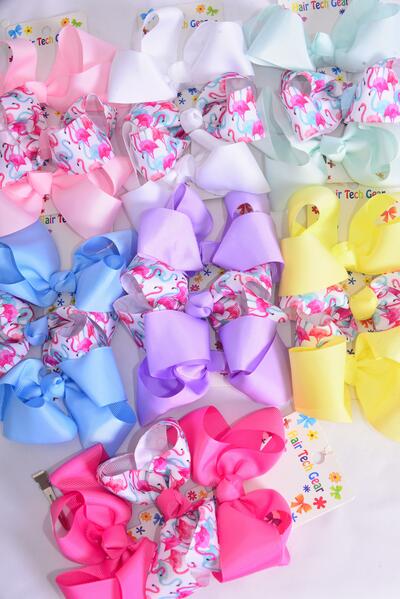 Hair Bows Large 36 pcs Flamingo Grosgrain Bow-tie Pastel / 12 card = Dozen Alligator Clip , Size - 4" x 3" Wide , 2 White , 2 Baby Pink , 2 Hot Pink , 2 Lavender , 2 Mint , 1 Yellow , 1 Blue Mix , 12 Card = Dozen