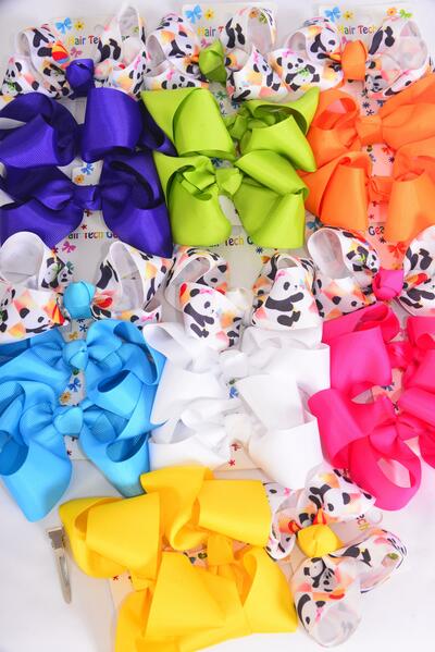 Hair Bows Large 36 pcs Panda Bear Grosgrain Bowtie Citrus / 12 card = Dozen Alligator Clip , Bow Size - 4"x 3" Wide ,2 White ,2 Fuchsia ,2 Purple ,2 Yellow ,2 Blue ,1 Lime ,1 Orange Color Ass ,3 pcs per Card,12 Card= Dozen