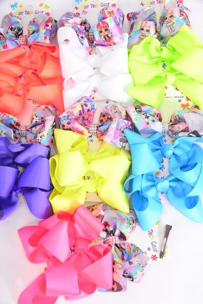 Hair Bows Large 36 pcs LOL Doll Grosgrain Bow-tie Caribbean Neon / 12 card = Dozen Alligator Clip , Size- 4"x 3" Wide , 2 Turquoise , 2 Orange , 2 White , 2 Pink , 2 Purple , 1 Yellow , 1 Lime Asst , 3 pcs per card , 12 Card = Dozen