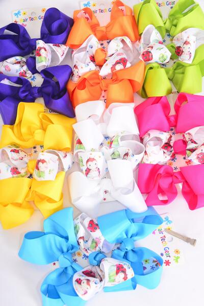 Hair Bows Large 36 pcs Ladybug Grosgrain Bowtie Citrus /12 card = Dozen Alligator Clip , Bow Size-5"x 4" Wide , 2 White , 2 Fuchsia , 2 Purple , 2 Yellow , 2 Blue , 1 Lime , 1 Orange Asst , 3 pcs per Card , 12 Card = Dozen