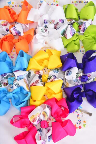 Hair Bows Large 36 pcs Pineapple Iridescent Holographic  Grosgrain Bow-tie Citrus / 12 card = Dozen Alligator Clip , Bow Size - 4" x 3" Wide ,2 White ,2 Fuchsia ,2 Purple ,2 Yellow ,2 Blue ,1 Lime ,1 Orange Asst ,3 pcs per Card , 12 Card = Dozen