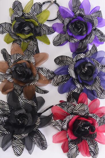 Flower Silk Flower W Stripe Pattern Mix / 12 pcs Flower = Dozen  Size - 5.5" Wide , Alligator Clip & Brooch , 2 Black , 2 Navy , 2 Burgundy , 2 Olive , 2 Purple Color Asst , Display Card & UPC Code , W Clear Box