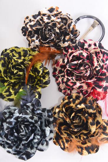 Flower Large Rose Leopard Print & Feathers / 12 pcs Flower = Dozen Flower Size- 5", Alligator Clip , Elastic Pony , Brooch , 3 Dark Brown , 3 Brown , 2 Green , 2 Burgundy , 2 Gray Color Mix , Display Card & UPC Code 