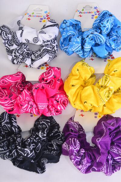 Scrunchies 24 pcs Cotton Stretch Bandana Paisley Multi / 12 card= Dozen Stretch , 2 Of each Pattern Asst , Hang Tag & OPP Bag & UPC Code                                