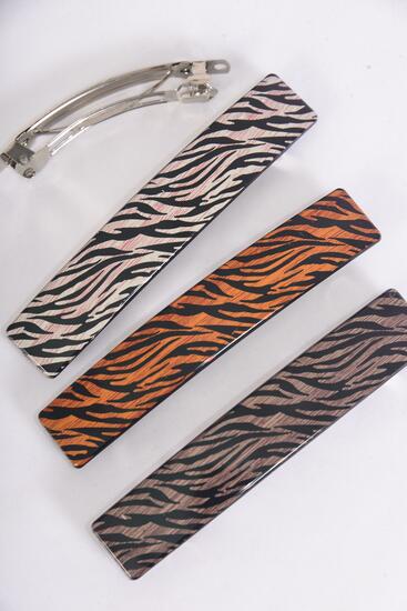 Hair Barrette French Clip Brush Stroked Zebra Pattern Asst / 12 pcs = Dozen French Clip , Size - 4.5" x 1" Wide , 4 of each Pattern Asst , Hang Card & Individual OPP Bag & UPC Code