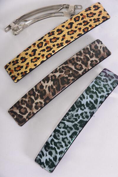 Hair Barrette French Clip Brush Stroked Leopard Mix / 12 pcs Bow = Dozen  Leopard , French Clip , Size - 4.5" x 1" Wide , 4 of each Pattern Asst , Hang Card & Individual OPP Bag & UPC Code