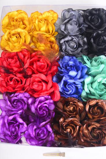 Flowers 24 pcs Rose Feather Mix Dark Multi / 24 pcs Flower = Dozen  Alligator Clip , Size - 2.75" Wide , 2 Brown , 2 Purple , 2 Red , 2 Gold , 1 Blue , 1 Black ,1 Gray , 1 Green Color Asst