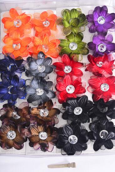 Flowers 24 pcs Triple Layered Flowers Dark Multi / 24 pcs = Dozen Alligator Clip , Flower Size - 2.5" Wide , 2 Black , 2 Brown , 2 Burgundy , 2 Orange , 1 Navy , 2 Purple , 1 Gray , 1 Olive Color Asst