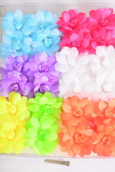 Flowers 24 pcs Alligator Clip 2 tone Flowers Caribben Neon Mix / 24 pcs Flower = Dozen Flower Size - 2.75" Wide , 2 Pink , 2 Blue, 2 Purple, 2 White , 1 Orange , 1 Lime , 1 Yellow , 1 Coral Color Asst