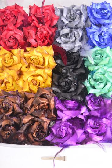 Flowers 24 pcs Glitter Rose w Feathers Mix Dark Multi / 24 pcs Flower = Dozen Alligator Clip , Size - 2.75" Wide , 2 Brown , 2 Purple , 2 Red ,2 Gold ,1 Blue , 1 Black , 1 Gray , 1 Green Color Asst