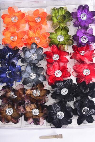 Flowers 24 pcs Triple Layered Flowers Dark Multi / 24 pcs = Dozen Alligator Clip , Flower Size - 2.5" Wide , 2 Black , 2 Brown , 2 Burgundy , 2 Orange , 1 Navy , 2 Purple , 1 Gray , 1 Olive Color Asst