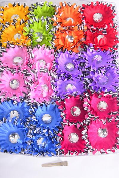 Flowers 24 pcs Flower Daisy Zebra Print Multi / 24 pcs Flower = Dozen  Alligator Clip , Flower Size - 2.75" Wide , 2 Fuchsia , 2 Purple , 2 Pink , 2 Blue , 1 Yellow , 1 Red , 1 Lime , 1 Orange Color Asst