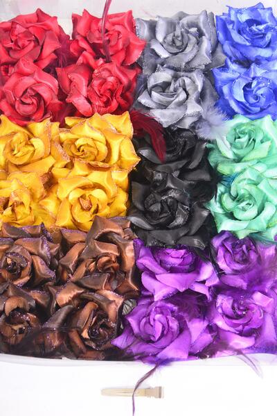Flowers 24 pcs Glitter Rose w Feathers Mix Dark Multi / 24 pcs Flower = Dozen Alligator Clip , Size - 2.75" Wide , 2 Brown , 2 Purple , 2 Red ,2 Gold ,1 Blue , 1 Black , 1 Gray , 1 Green Color Asst