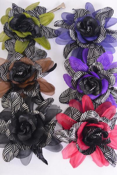 Flower Silk Flower Silver Metallic Satin Fabric Mix / 12 pcs Flower = Dozen Size - 5.5" Wide , Alligator Clip & Brooch , 2 Black , 2 Navy , 2 Burgundy , 2 Olive , 2 Purple Color Asst , Display Card & UPC Code , W Clear Box