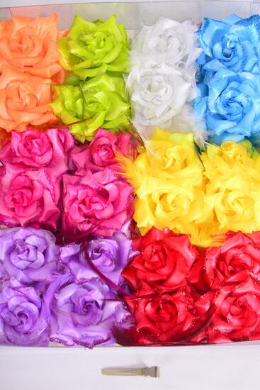 Flowers 24 pcs Glitter Rose w Feather Mix Citrus / 24 pcs Flower = Dozen  Alligator Clip , Flower Size - 2.75" Wide , 2 Red , 2 Yellow , 2 Fuchsia , 2 Purple , 1 White , 1 Blue , 1 Orange , 1 Lime Color Asst .