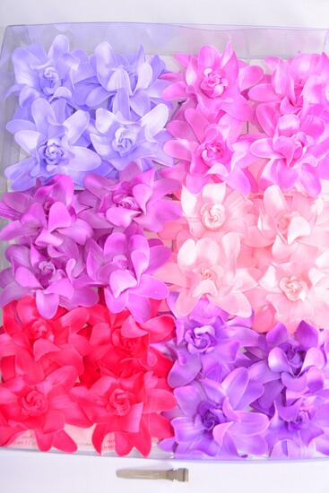 Flowers 24 pcs Purple & Pink Mix / 24 pcs Flower = Dozen Alligator Clip , Flower Size - 2.75" Wide , 2 of each Color Asst , 2  pcs per card , 12 card = Dozen, Display Card UPC Code, Clear Box