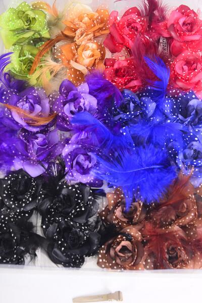 Flowers 24 pcs Mini Rose Feather Baby Breath Mix Dark Multi / 24 pcs Flower = Dozen Alligator Clip , Flower Size - 2.5" Wide , 2 Black , 2 Brown , 2 Royal Blue , 2 Burgundy , 2 Purple , 1 Camel , 1 Green Color Asst.