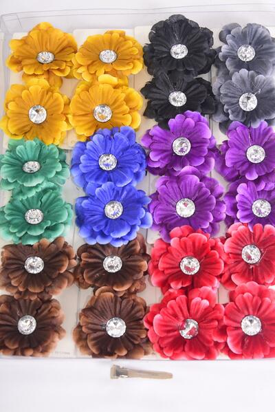 Flowers 24 pcs Dark Multi / 24 pcs Flower = Dozen Flower-2.75" , 2 Black , 2 Brown , 2 Blue , 2 Burgundy , 2 Purple , 1 Gold , 1 Green Color Asst , Display Cared & UPC Code , Clear Box