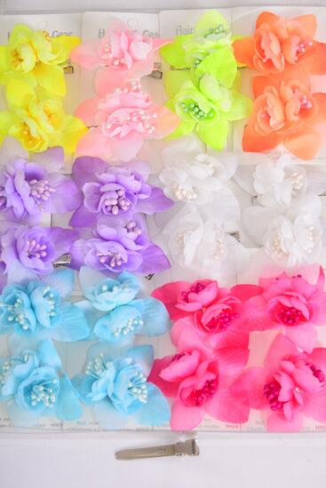 Flowers 24 pcs 2 tone Flowers Caribbean Neon / 24 pcs Flower = Dozen Alligator Clip , Flower Size - 2.5" Wide , 2 Fuchsia , 2 Blue , 2 Lavender , 2 White , 1 Yellow , 1 Lime , 1 Pink , 1 Orange Mix