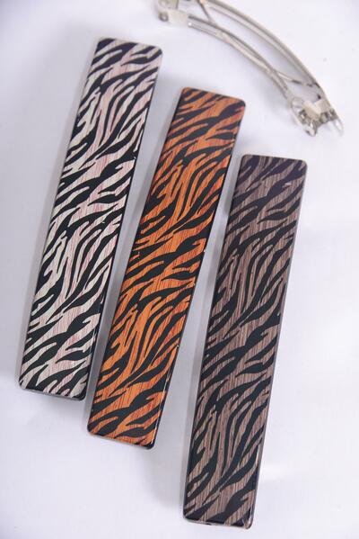 Hair Barrette French Clip Brush Stroked Zebra Pattern Asst / 12 pcs = Dozen French Clip , Size - 4.5"x 1" Wide , 4 of each Pattern Asst , Hang Card & Individual OPP Bag & UPC Code